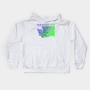 Colorful mandala art map of Washington with text in blue and green Kids Hoodie